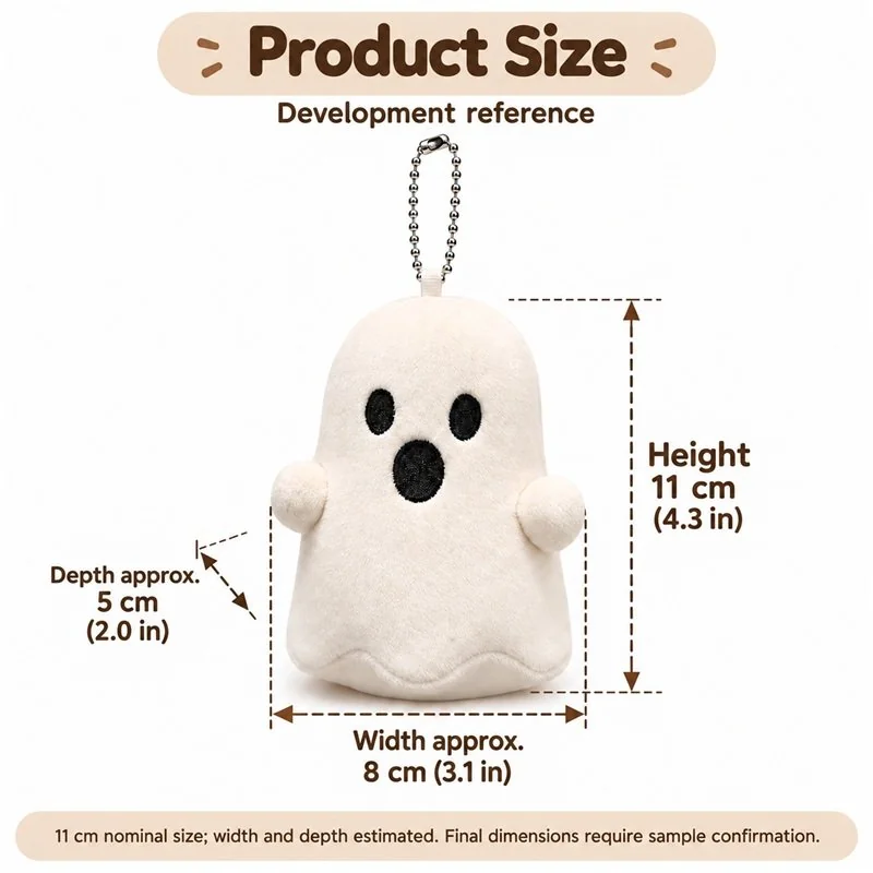 White Ghost Plush Bag Charm — proposed size reference; dimensions require sample confirmation.