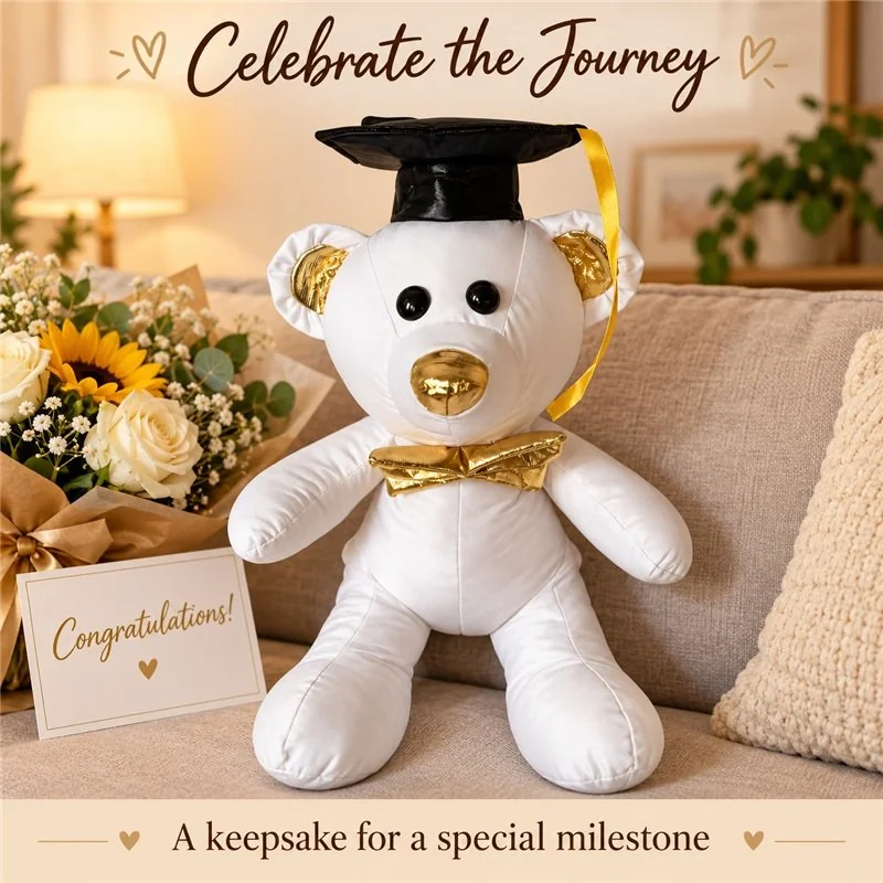 Illustrative application scene featuring white gold graduation bear plush; setting is a concept.