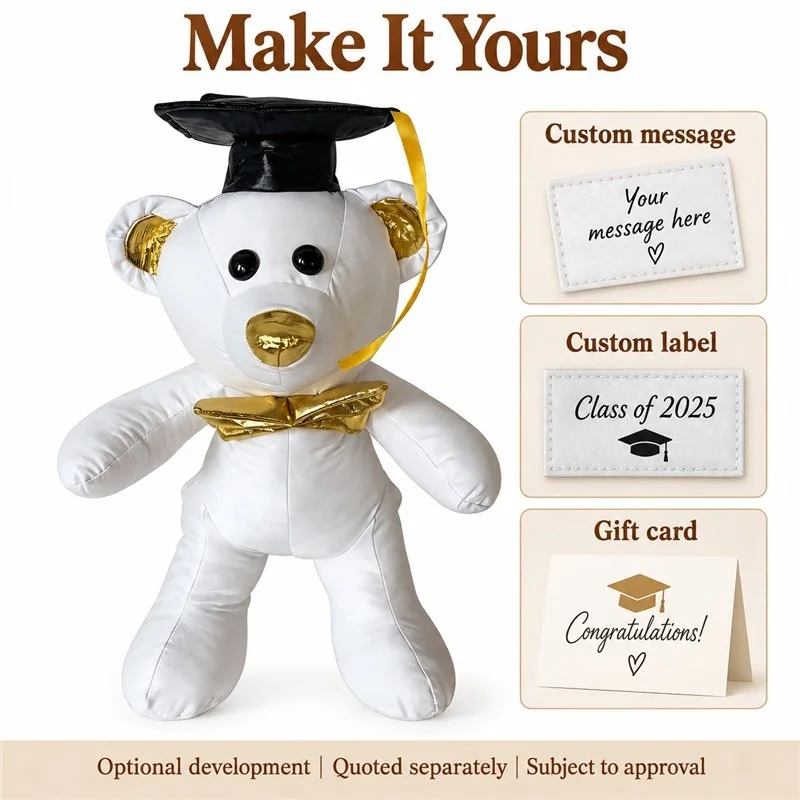 Customization concept for white gold graduation bear plush; feasibility and sample approval required.