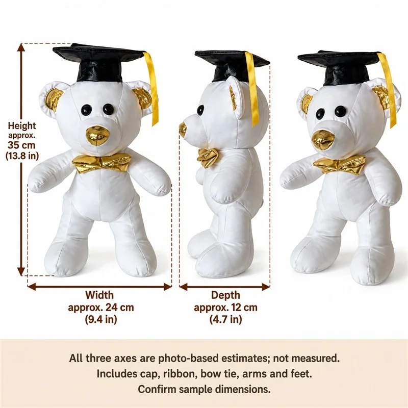 White Gold Graduation Bear Plush — proposed size reference; dimensions require sample confirmation.