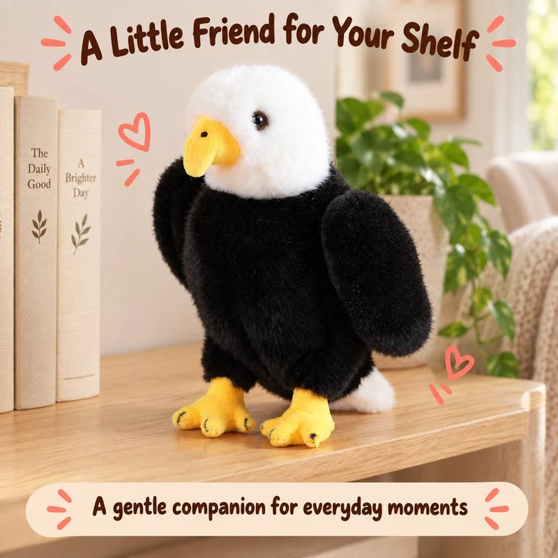 Illustrative application scene featuring white head bald eagle plush; setting is a concept.