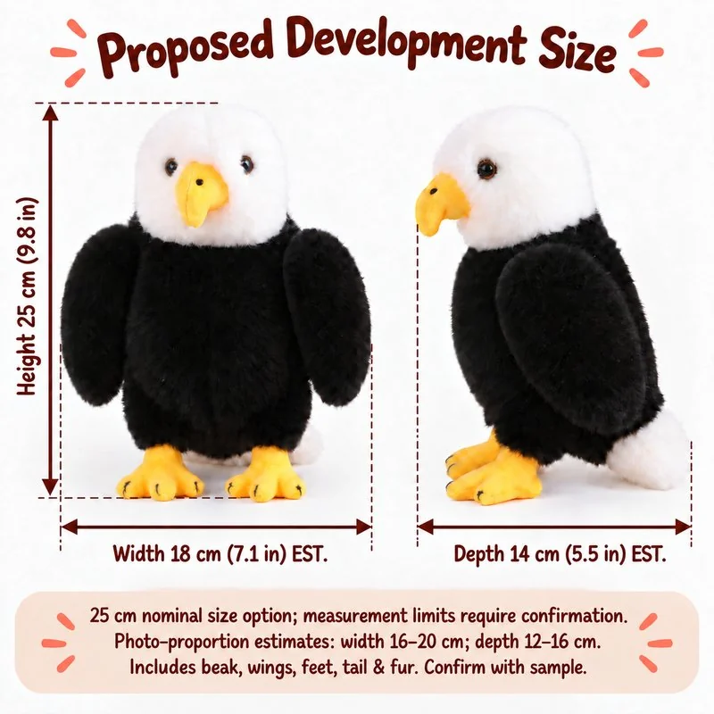 White Head Bald Eagle Plush — proposed size reference; dimensions require sample confirmation.