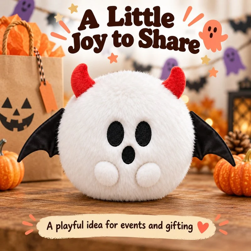 Illustrative application scene featuring white horned winged ghost plush; setting is a concept.