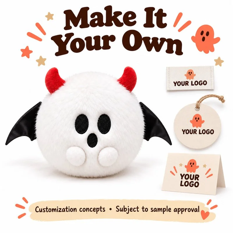Customization concept for white horned winged ghost plush; feasibility and sample approval required.