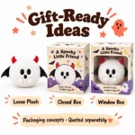 White Horned Winged Ghost Plush — optional packaging concept; final artwork, fit and quotation require confirmation.