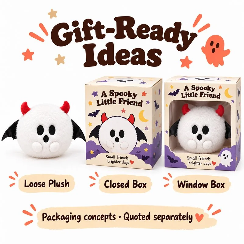 White Horned Winged Ghost Plush — optional packaging concept; final artwork, fit and quotation require confirmation.