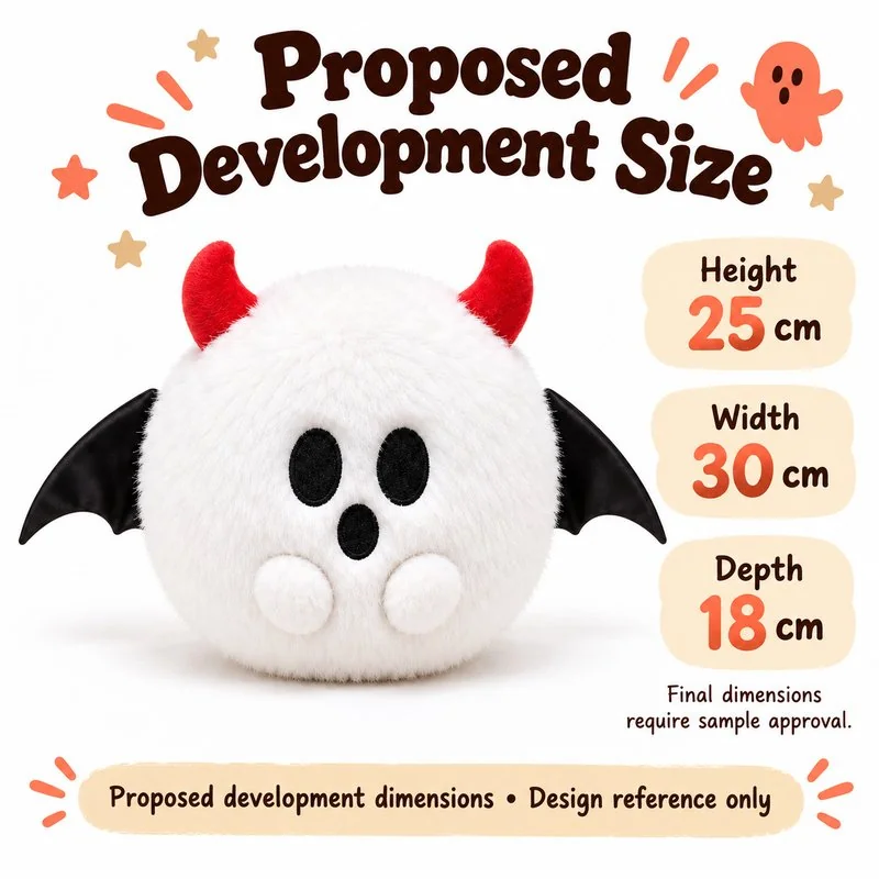 White Horned Winged Ghost Plush — proposed size reference; dimensions require sample confirmation.