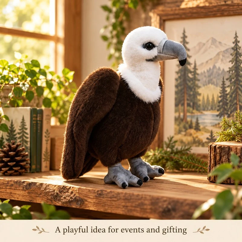 Illustrative application scene featuring white ruff short neck vulture plush; setting is a concept.
