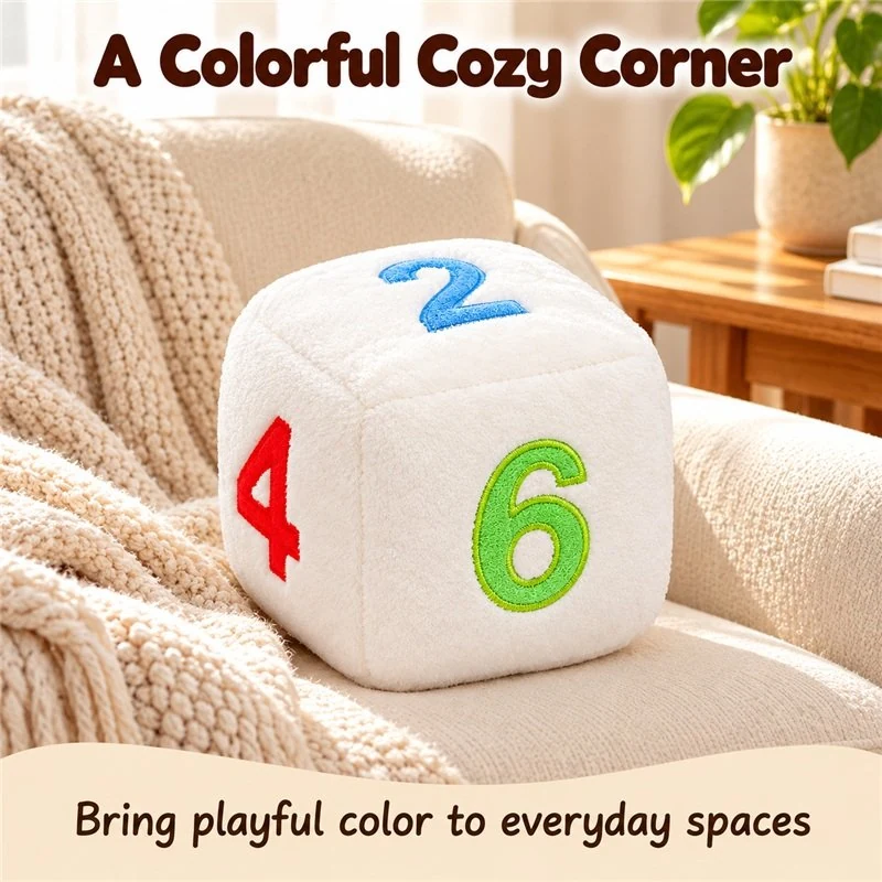 Illustrative application scene featuring white number dice plush cushion; setting is a concept.