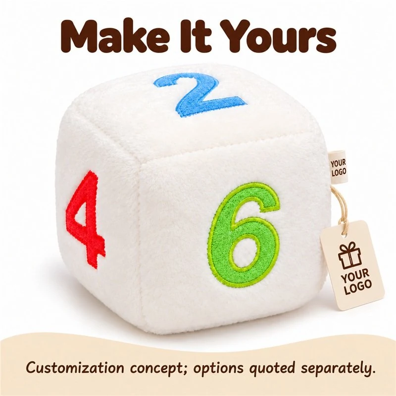 Customization concept for white number dice plush cushion; feasibility and sample approval required.