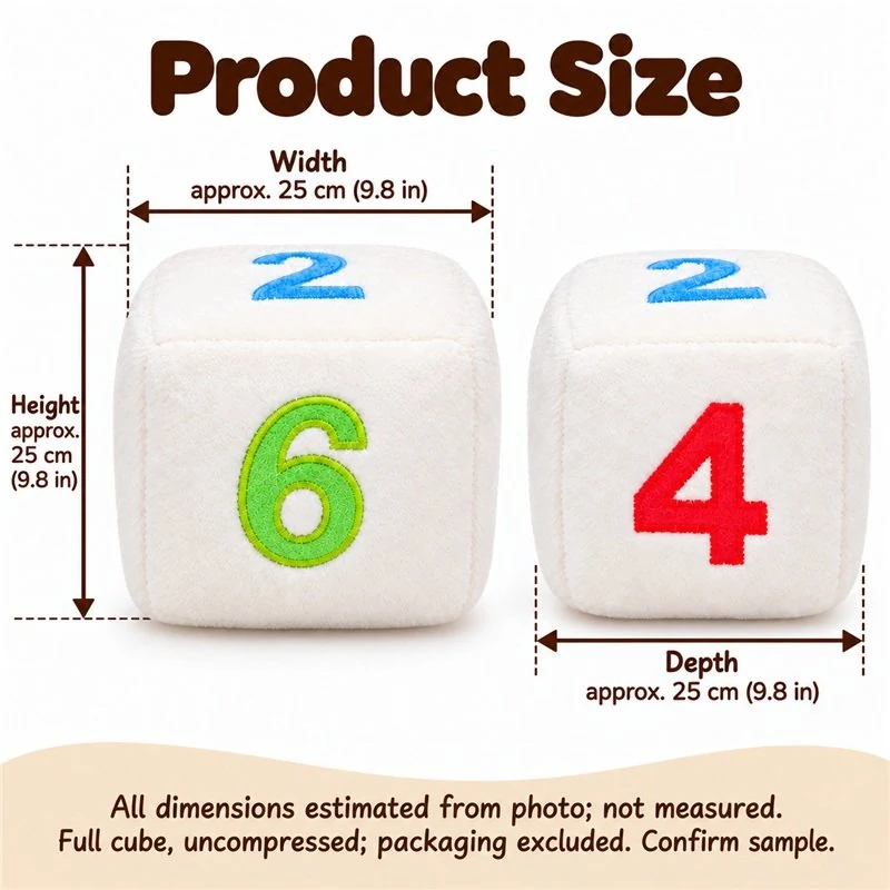 White Number Dice Plush Cushion — proposed size reference; dimensions require sample confirmation.