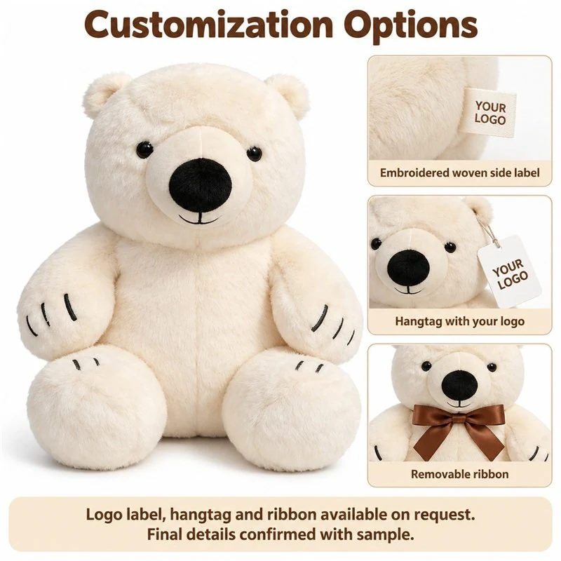 Customization concept for white polar bear plush; feasibility and sample approval required.