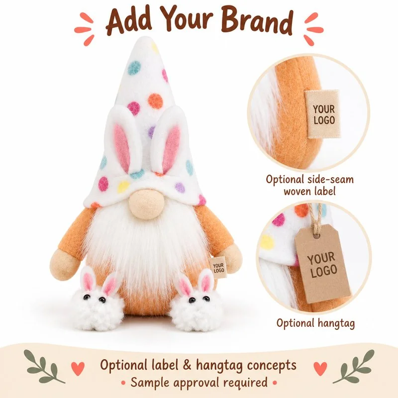 Customization concept for white polka dot bunny gnome plush; feasibility and sample approval required.
