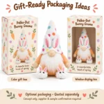 White Polka Dot Bunny Gnome Plush — optional packaging concept; final artwork, fit and quotation require confirmation.