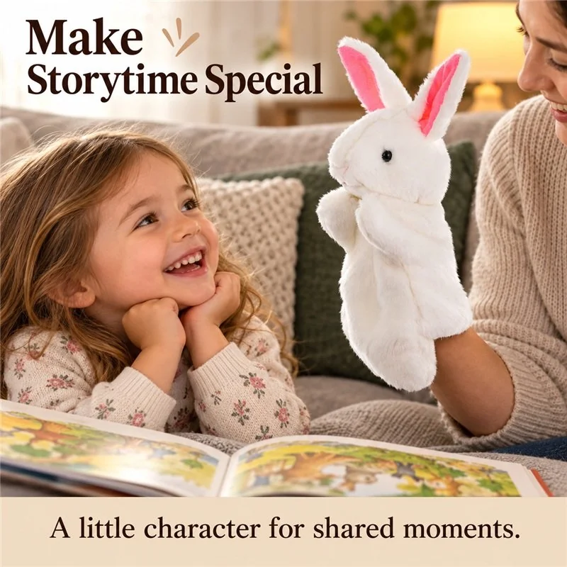 Illustrative application scene featuring white rabbit hand puppet; setting is a concept.
