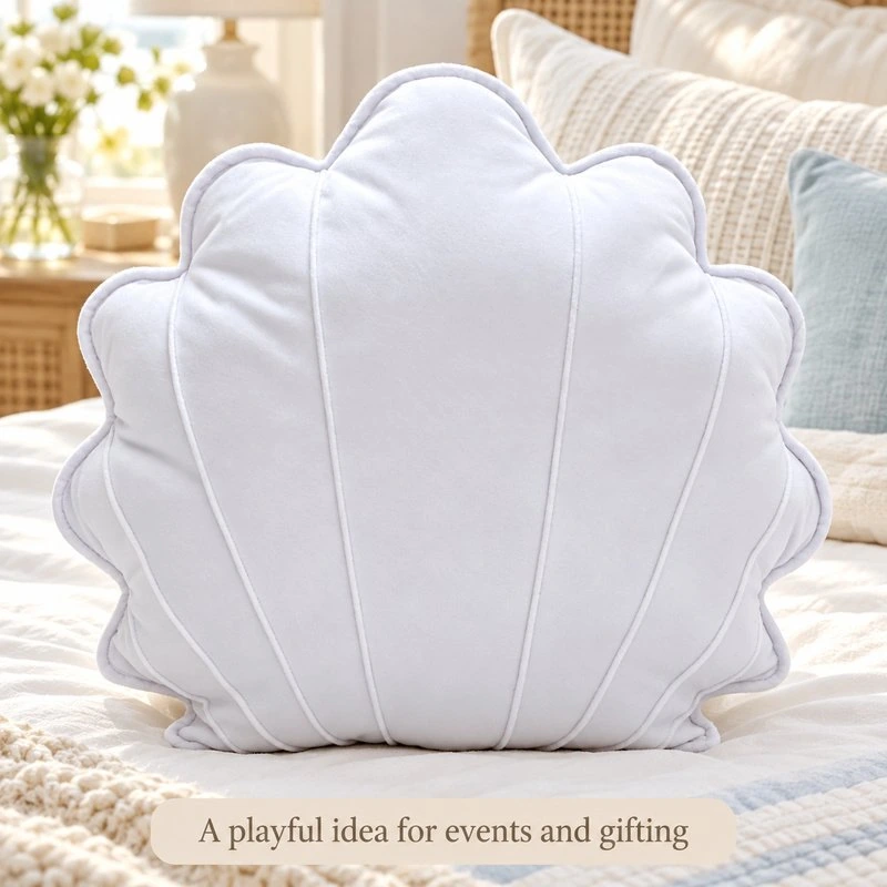 Illustrative application scene featuring white scallop shell plush cushion; setting is a concept.
