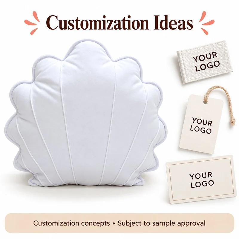 Customization concept for white scallop shell plush cushion; feasibility and sample approval required.