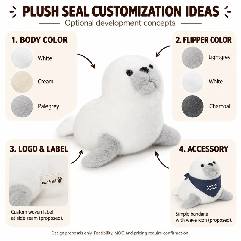 Customization concept for white seal style plush; feasibility and sample approval required.