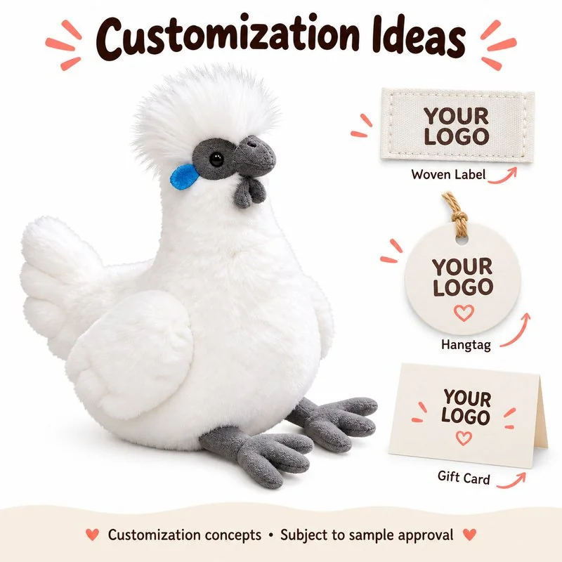 Customization concept for white silkie chicken plush; feasibility and sample approval required.