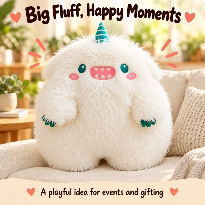 Illustrative application scene featuring white single horn furry monster plush; setting is a concept.