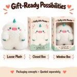 White Single Horn Furry Monster Plush — optional packaging concept; final artwork, fit and quotation require confirmation.