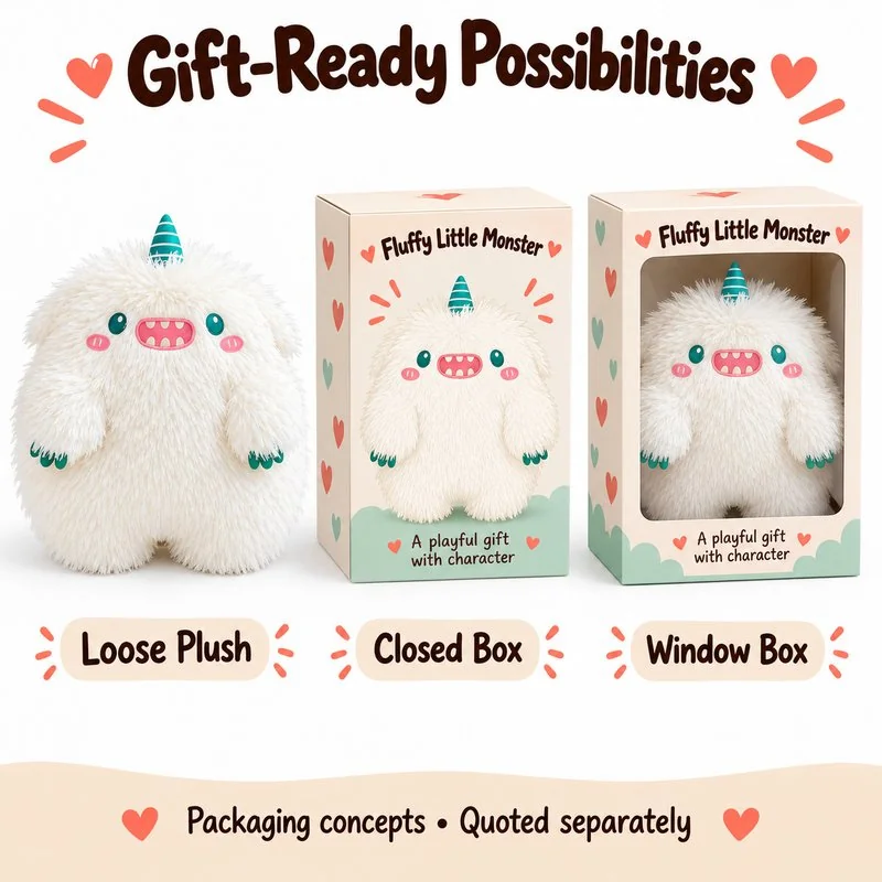 White Single Horn Furry Monster Plush — optional packaging concept; final artwork, fit and quotation require confirmation.