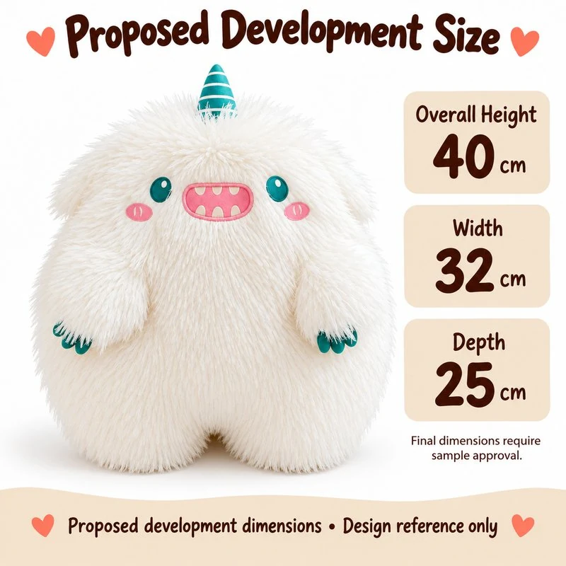 White Single Horn Furry Monster Plush — proposed size reference; dimensions require sample confirmation.