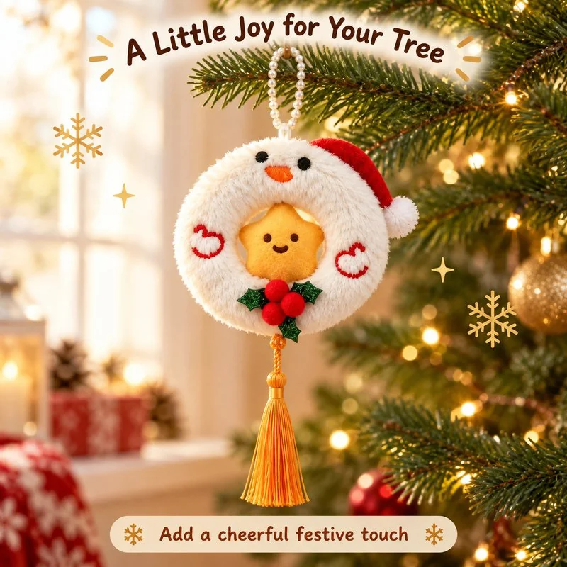 Illustrative application scene featuring white snowman ring plush ornament; setting is a concept.
