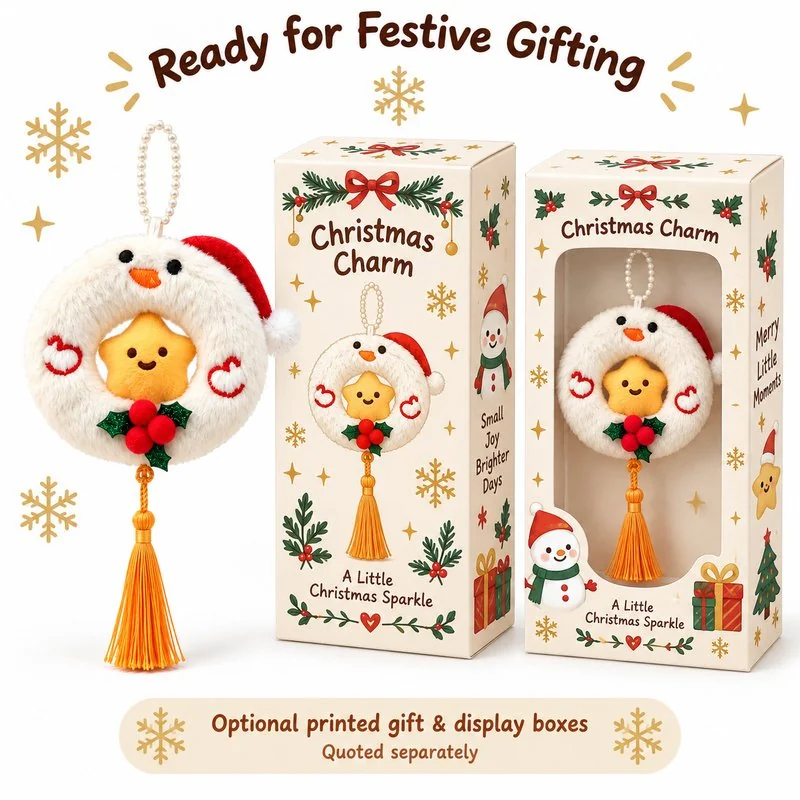 White Snowman Ring Plush Ornament — optional packaging concept; final artwork, fit and quotation require confirmation.
