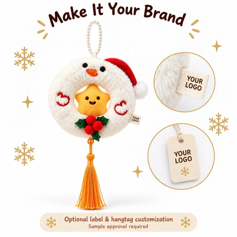 Private-label concept for white snowman ring plush ornament, showing proposed brand label and hangtag options; sample approval required.