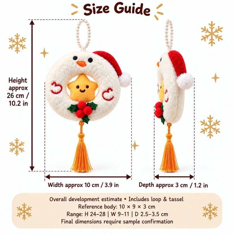 White Snowman Ring Plush Ornament — proposed size reference; dimensions require sample confirmation.
