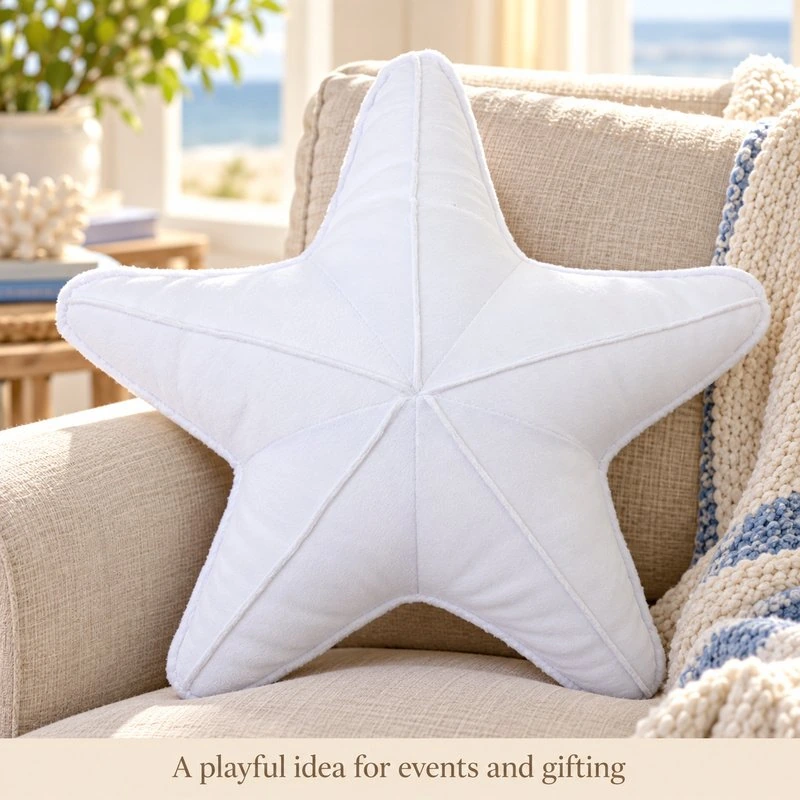 Illustrative application scene featuring white starfish plush cushion; setting is a concept.