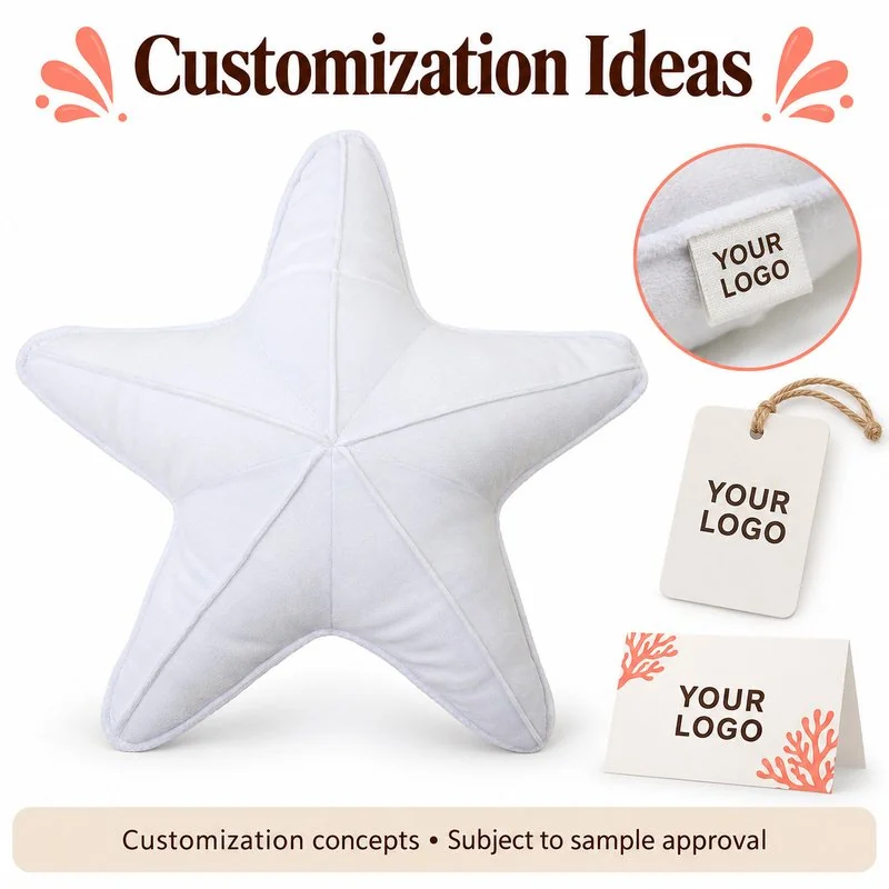Customization concept for white starfish plush cushion; feasibility and sample approval required.