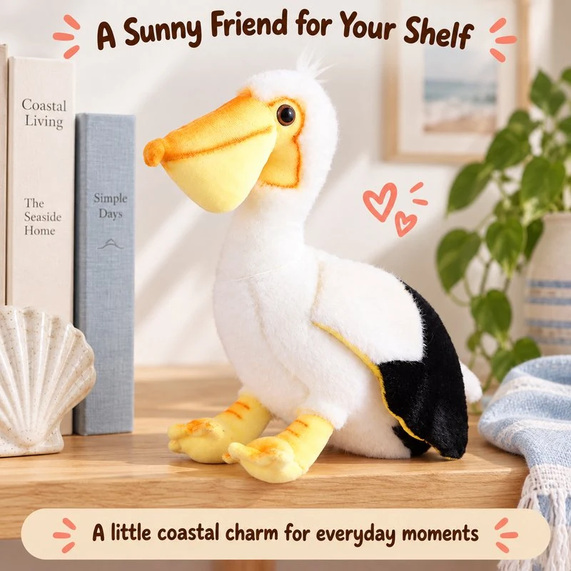Illustrative application scene featuring white yellow bill pelican plush toy; setting is a concept.