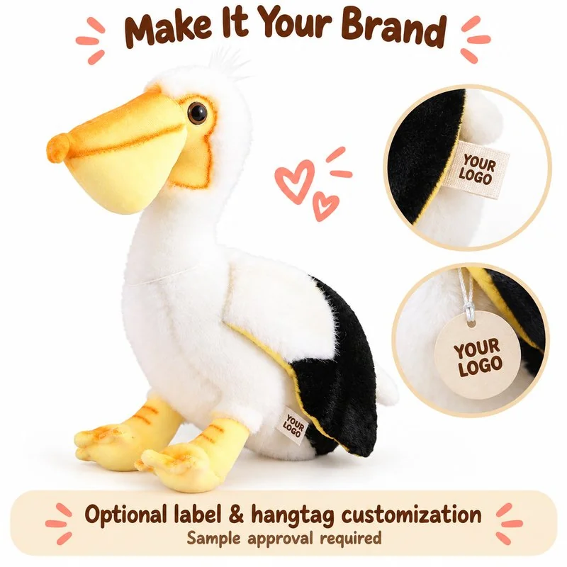 Customization concept for white yellow bill pelican plush toy; feasibility and sample approval required.