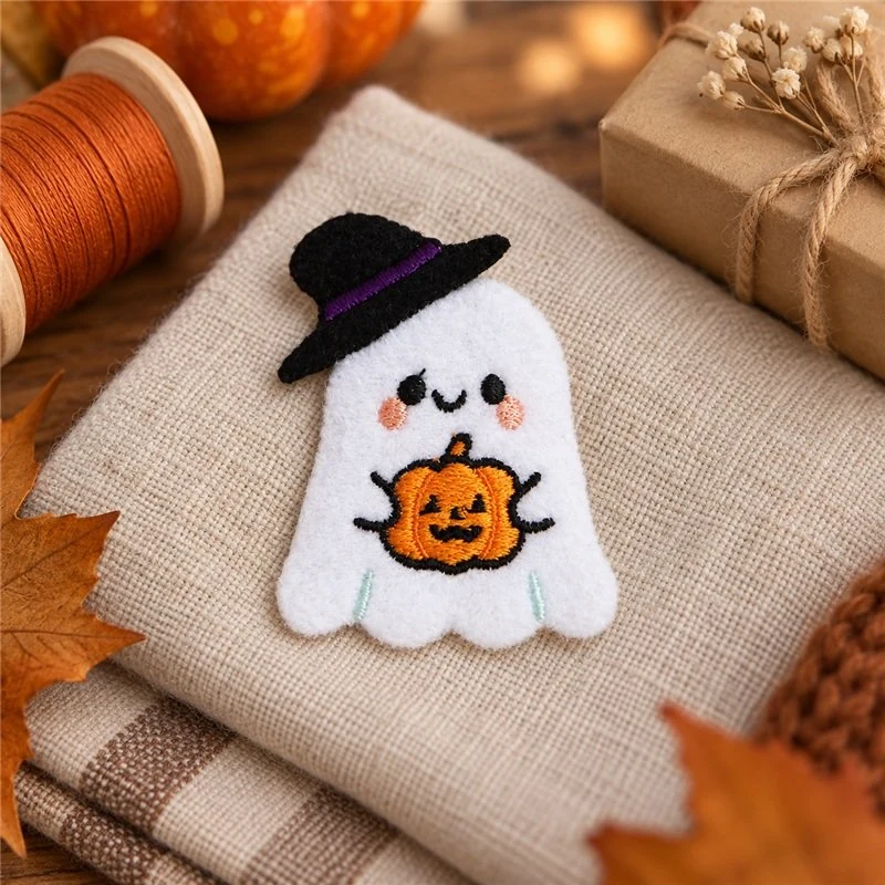 Illustrative application scene featuring witch ghost pumpkin textile applique; setting is a concept.