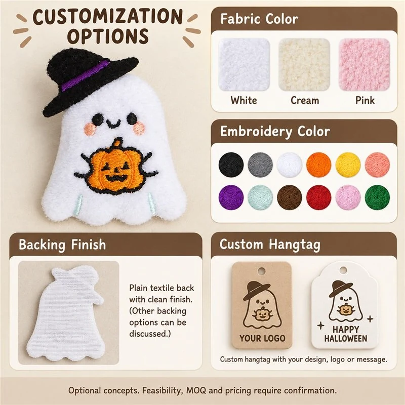Customization concept for witch ghost pumpkin textile applique, showing proposed color and custom-hangtag options; feasibility and sample approval required.