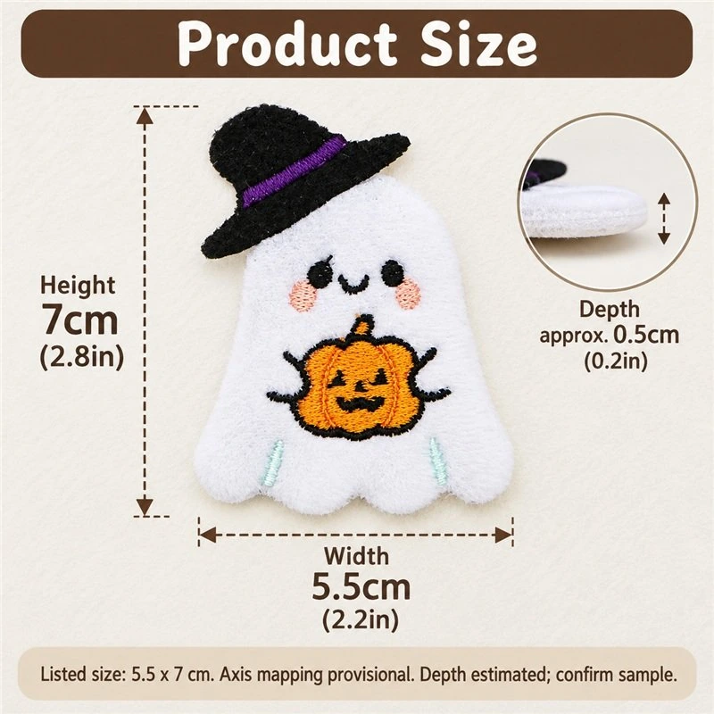 Witch Ghost Pumpkin Textile Applique — proposed size reference; dimensions require sample confirmation.