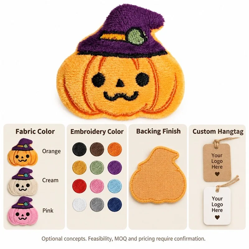 Customization concept for witch hat pumpkin textile applique, showing proposed color and custom-hangtag options; feasibility and sample approval required.