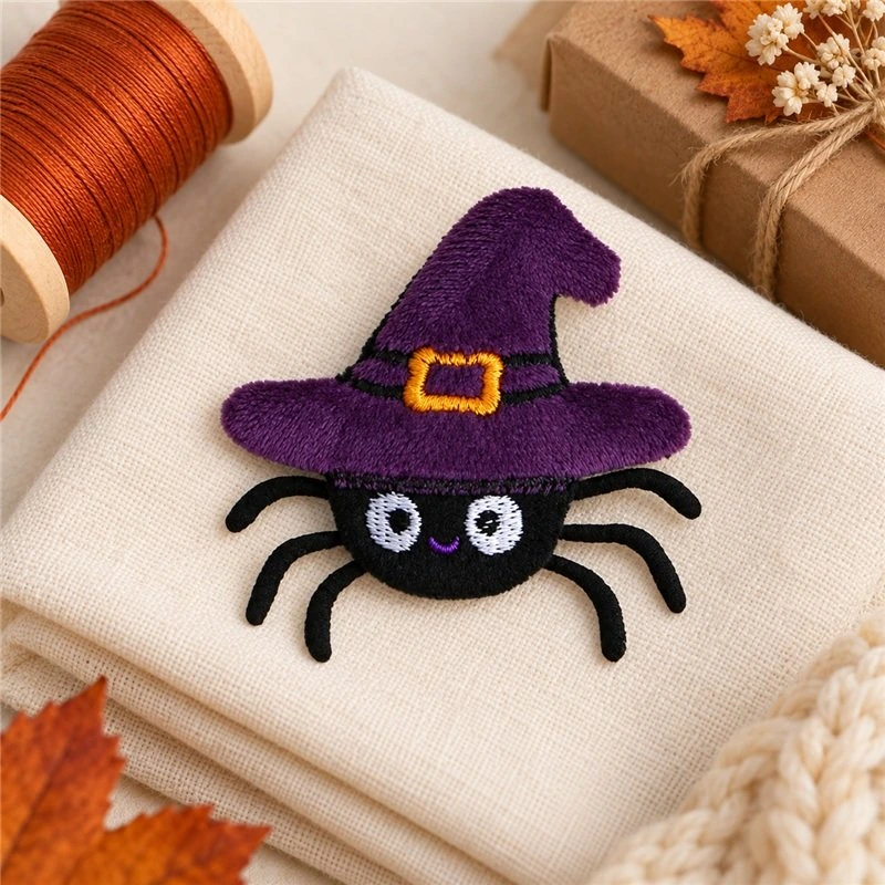 Illustrative application scene featuring witch hat spider textile applique; setting is a concept.