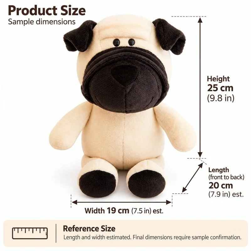 Wrinkled Face Pug Plush — proposed size reference; dimensions require sample confirmation.