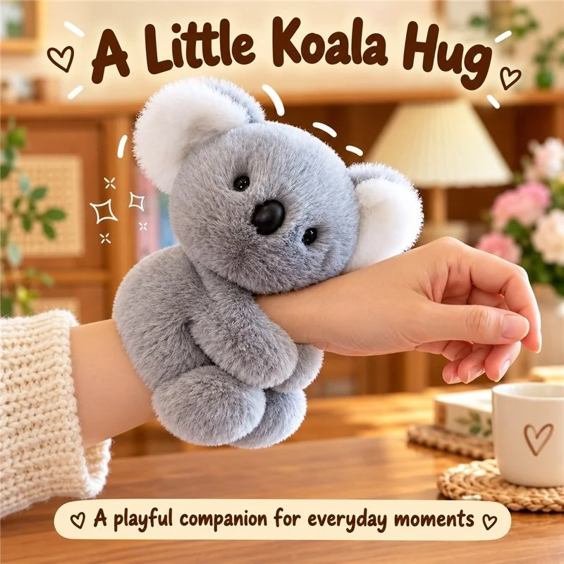 Illustrative application scene featuring wrist hugging koala plush; setting is a concept.