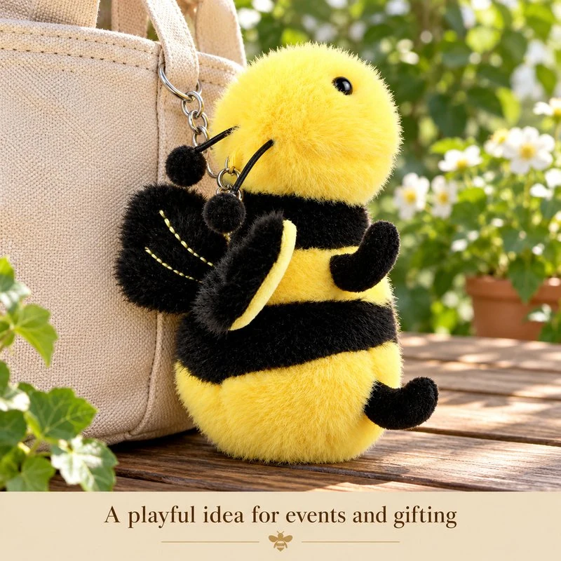 Illustrative application scene featuring yellow black bee plush charm; setting is a concept.
