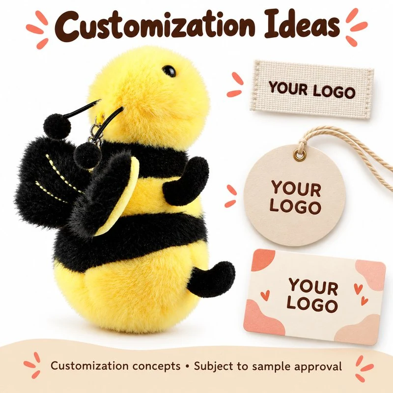 Customization concept for yellow black bee plush charm; feasibility and sample approval required.