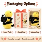 Yellow Black Bee Plush Charm — optional packaging concept; final artwork, fit and quotation require confirmation.