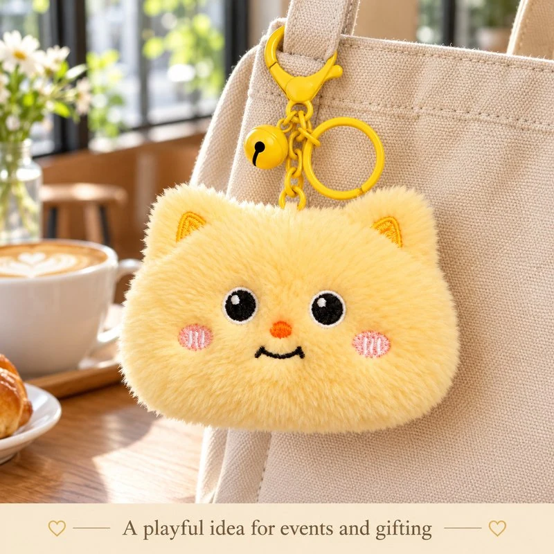 Illustrative application scene featuring square yellow cat face plush keychain; setting is a concept.