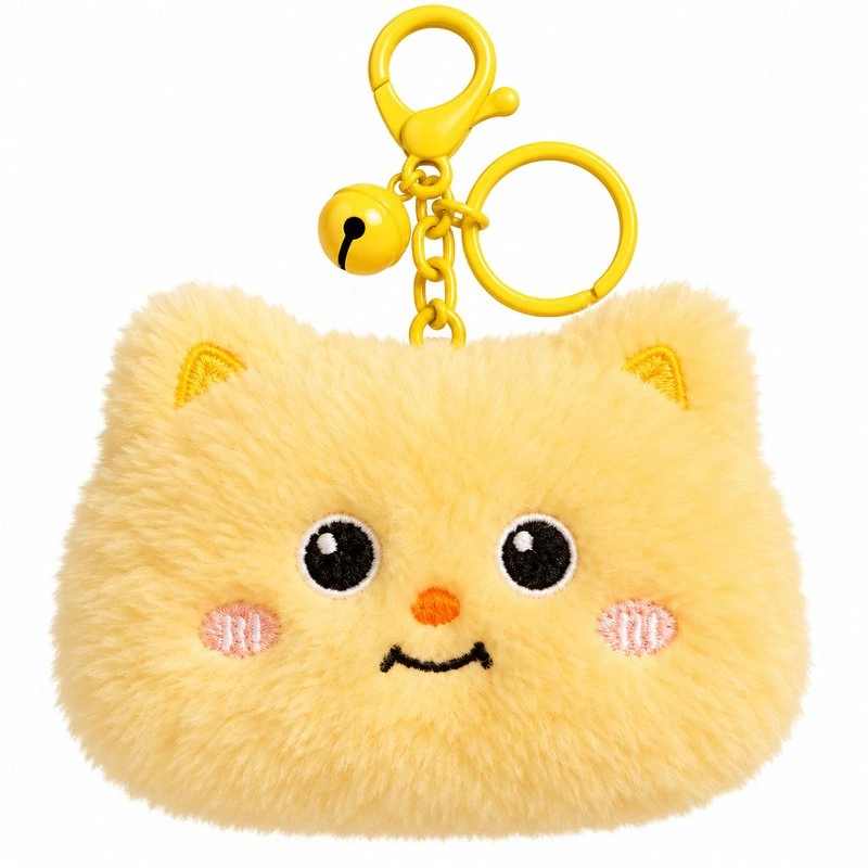 Square Yellow Cat Face Plush Keychain; AI concept reference, final sample and specifications to be confirmed.