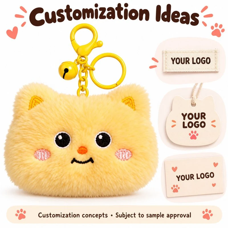 Customization concept for square yellow cat face plush keychain; feasibility and sample approval required.