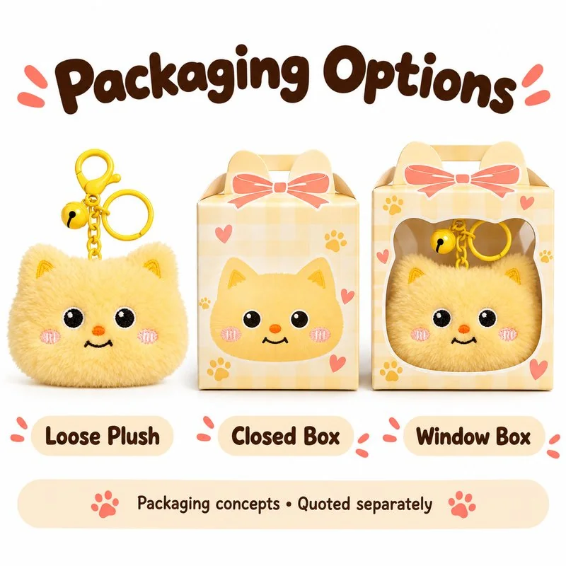 Square Yellow Cat Face Plush Keychain — optional packaging concept; final artwork, fit and quotation require confirmation.