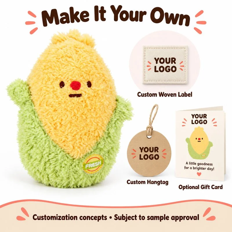 Customization concept for yellow corn with green husk plush; feasibility and sample approval required.